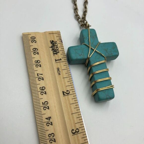 Vintage Turquoise Long Cross Pendant Necklace Handmade Religious Spiritual - Picture 8 of 9